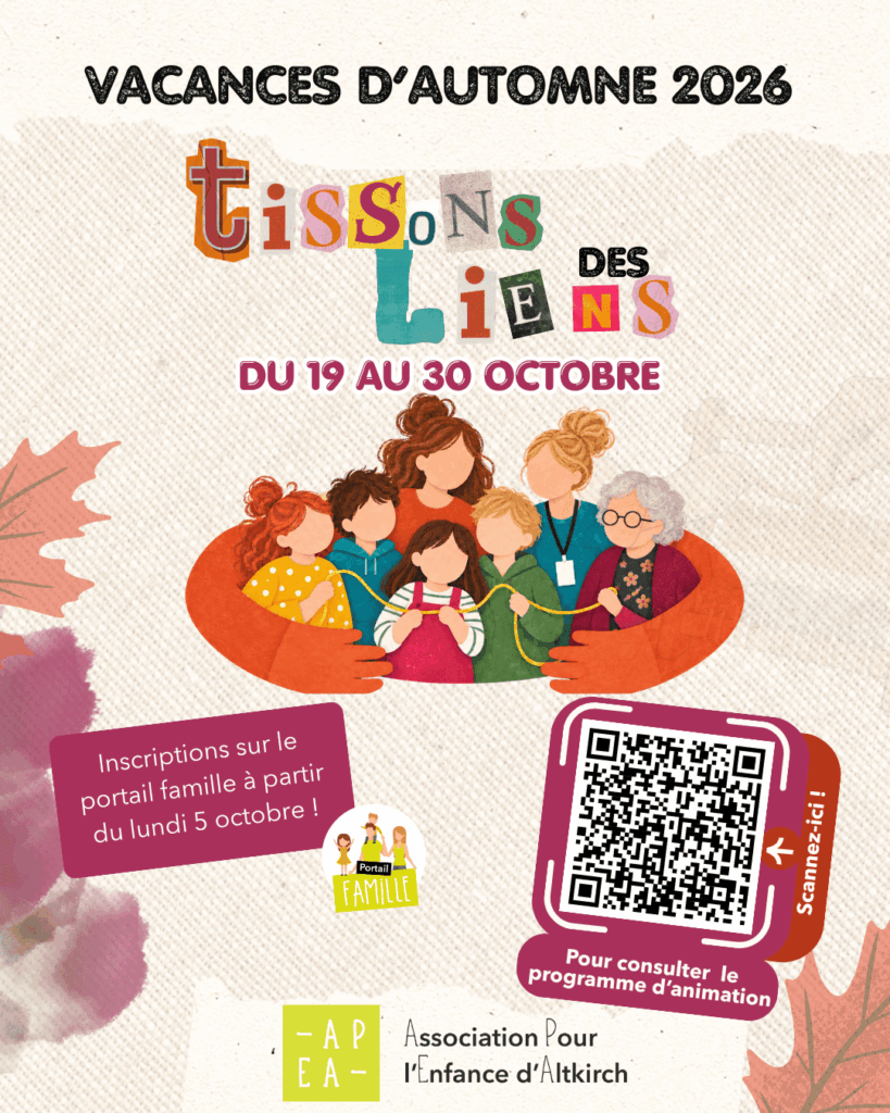 Vacances d’automne 2026 à l’APEA : « Tissons des liens », du 19 au 30 octobre.